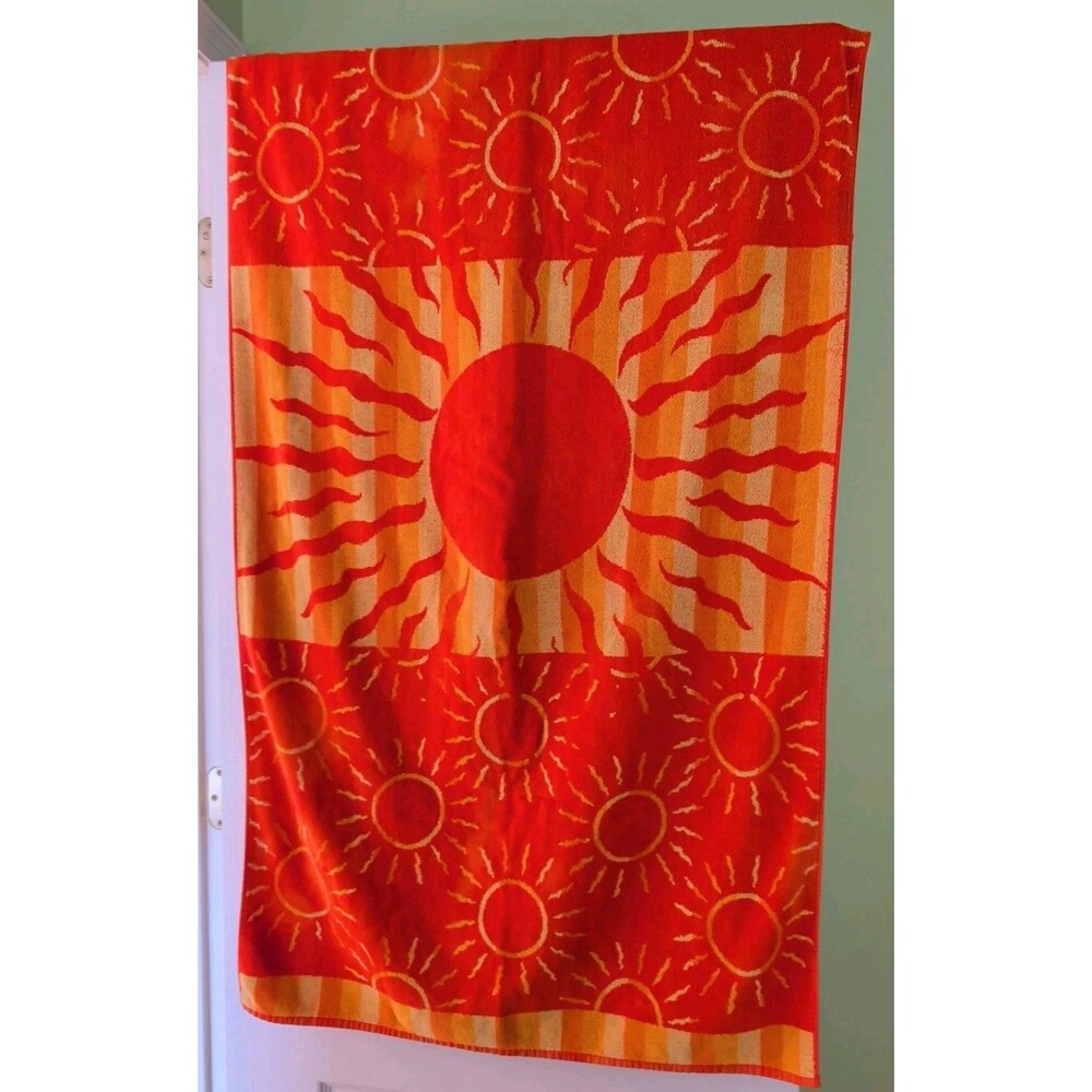 Vtg Palm Cove Beach Towel 100% Cotton Orange Bright Sunbursts Celestial 56"x30"